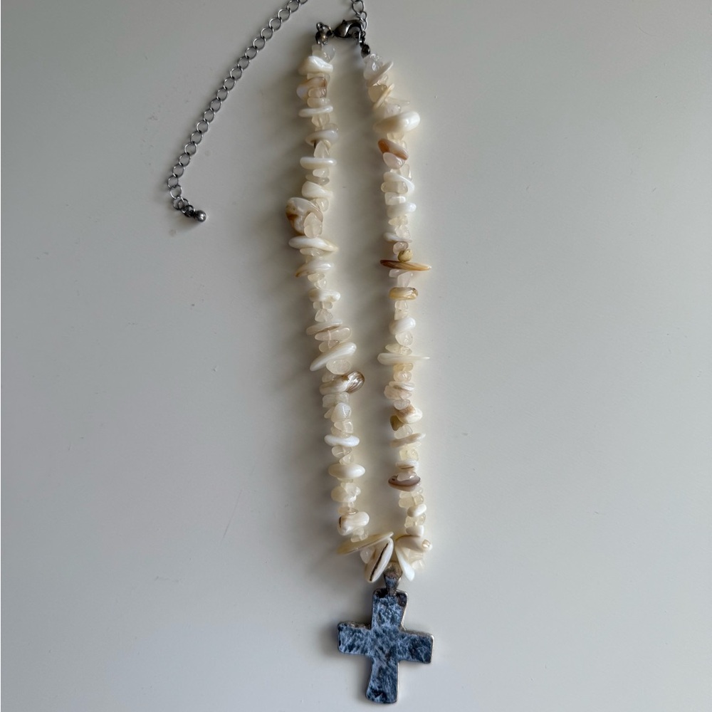 Free People Cream Shell Bead Necklace with Blue Stone Cross Pendant